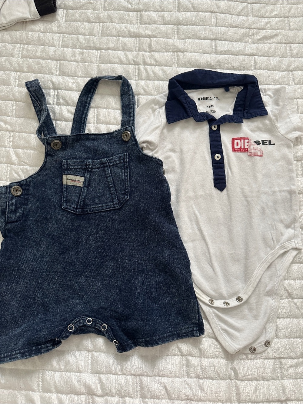 Diesel White Polo Bodysuit with Navy Collar & Dark Blue Denim Romper